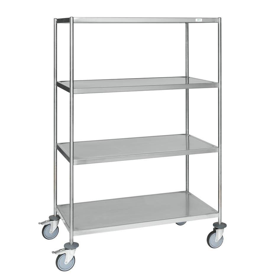 Vagn Sean, rostfri, 4 plan, 825x575x1650 mm, kap. 200 kg, broms