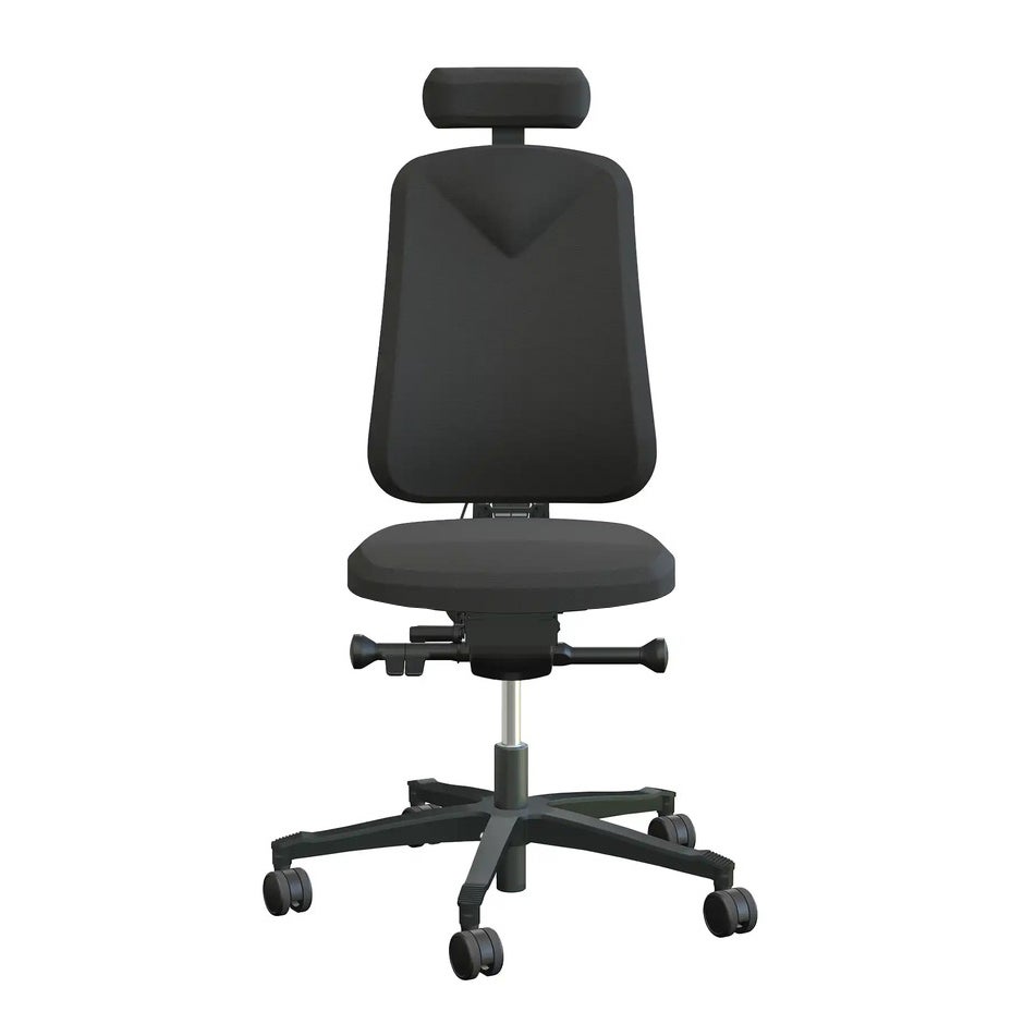 Arbetsstol Höganäs 290 Large med hög rygg, stor ställbarhet, Nackstöd svart läder, tyg Xtreme