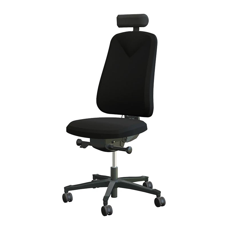 Arbetsstol Höganäs 290 Large med hög rygg, stor ställbarhet, Nackstöd svart läder, tyg Select