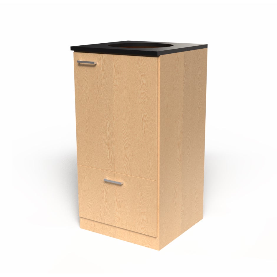 Miljödisk 3 fraktioner, 90 liters kärl med toppmatning, frontlucka, 2 st 25 liters kärl i låda med täckt lådfront, Bok