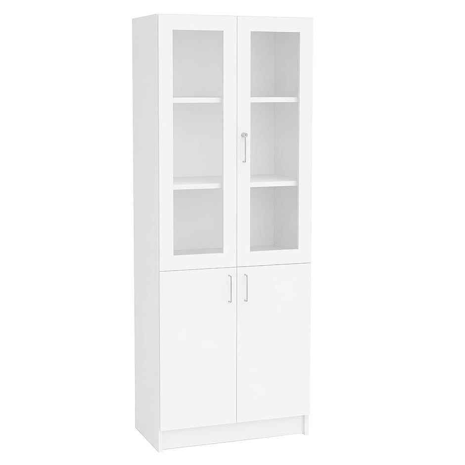 Materialskåp Mora, B800 x D470 x H2100 mm, glasade dörrar, laminat vit
