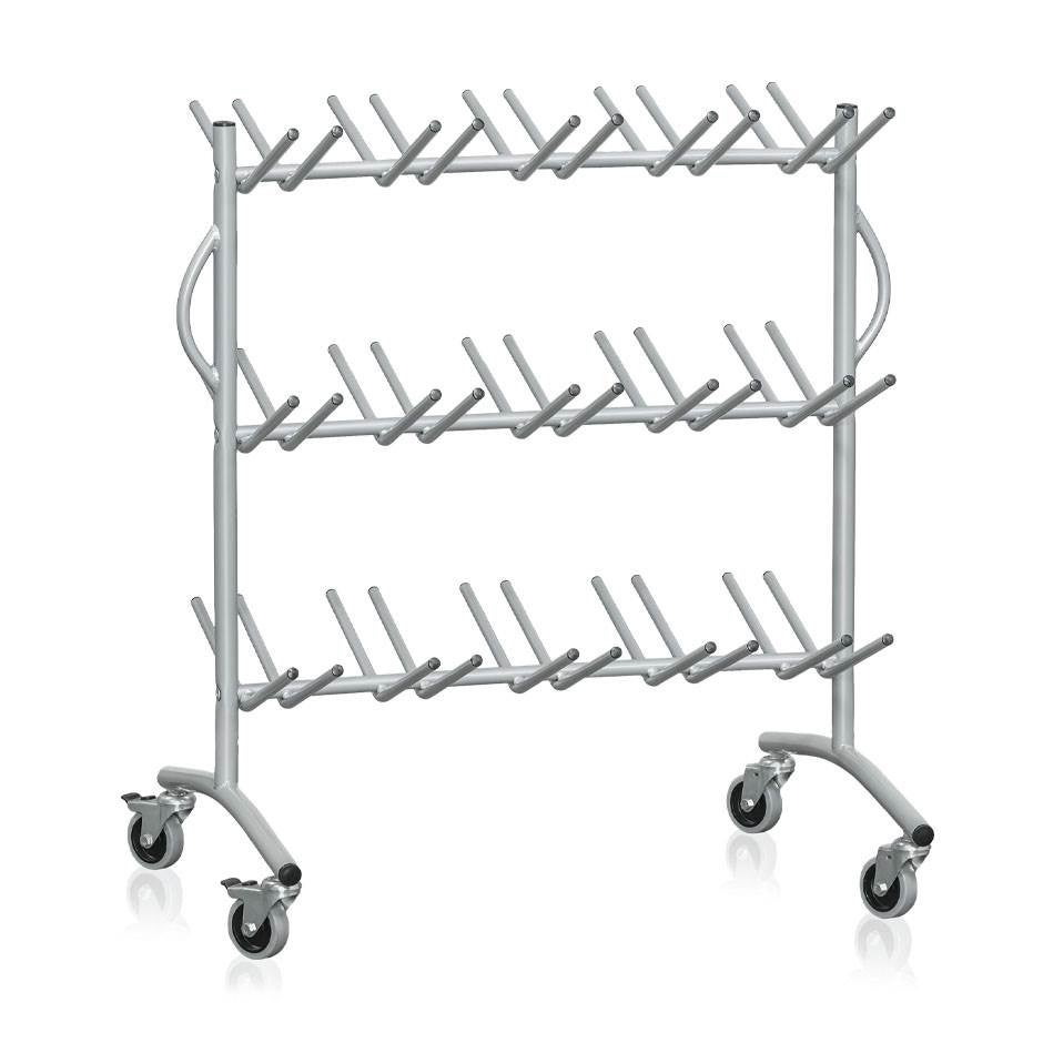 Stövelvagn på hjul med plats för 30 par stövlar, silvergrå