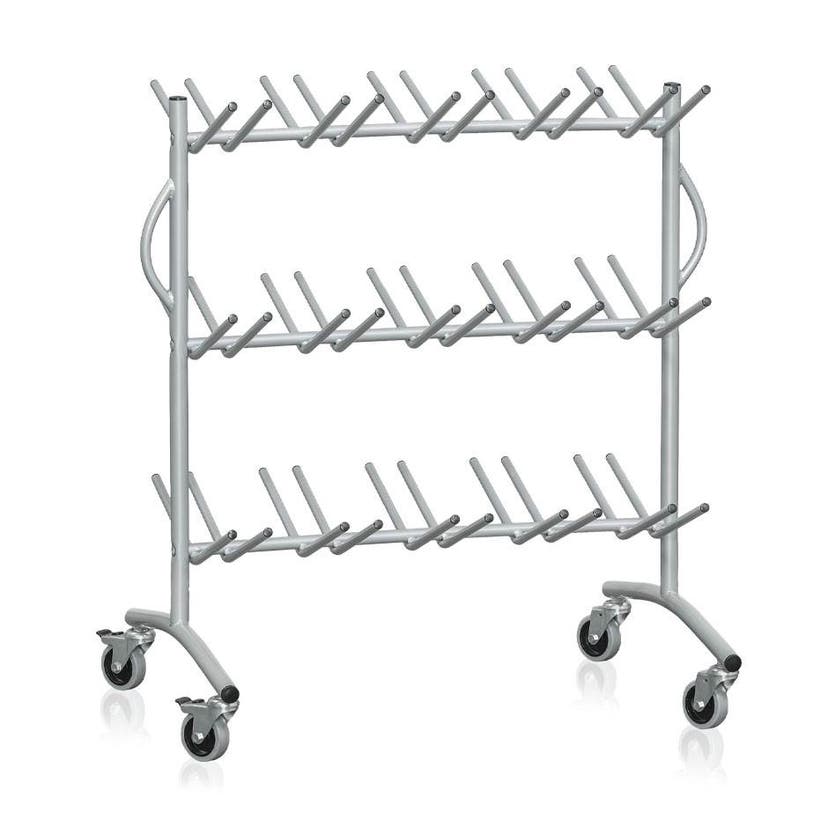 Stövelvagn på hjul med plats för 30 par stövlar, silvergrå