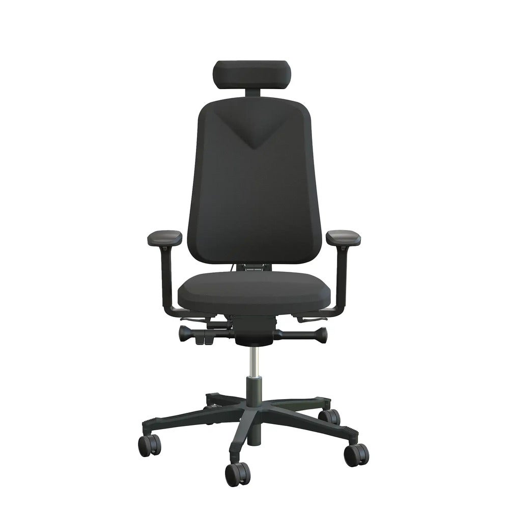 Arbetsstol Höganäs 290 Large med hög rygg och 4D armstöd och nackstöd konstläder, stor ställbarhet, tyg Fame