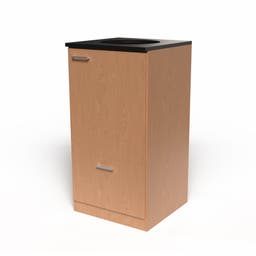 Miljödisk 3 fraktioner, 90 liters kärl med toppmatning, frontlucka, 2 st 25 liters kärl i låda med täckt lådfront, Ek