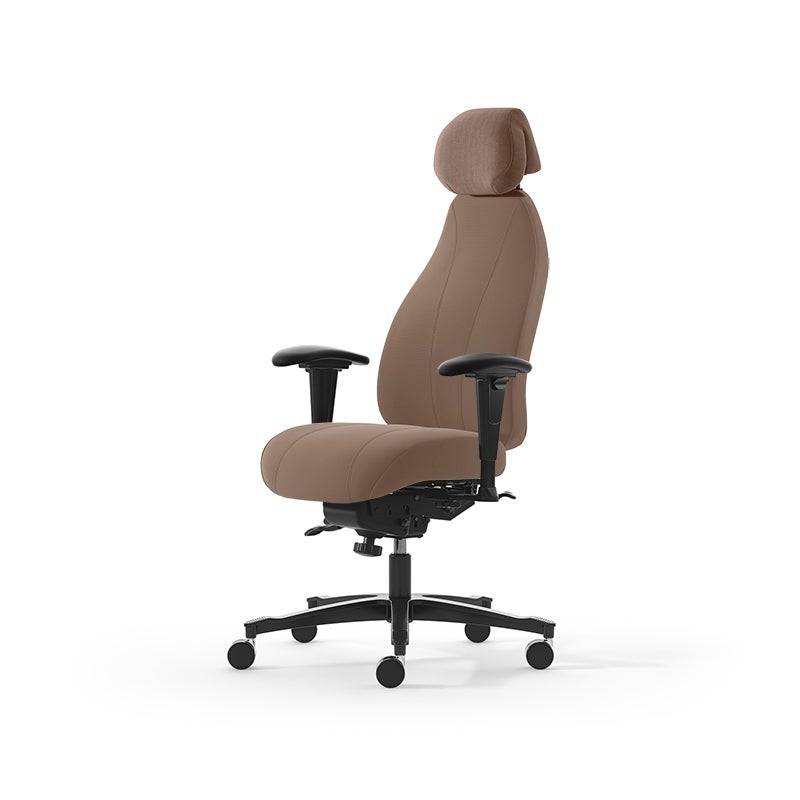Kontorsstol Malmstolen 4000 med hög rygg, Dux-sits, nackstöd i tyg, armstöd Corona, hjul hårda golv, Tyg Capture 4803 Brun
