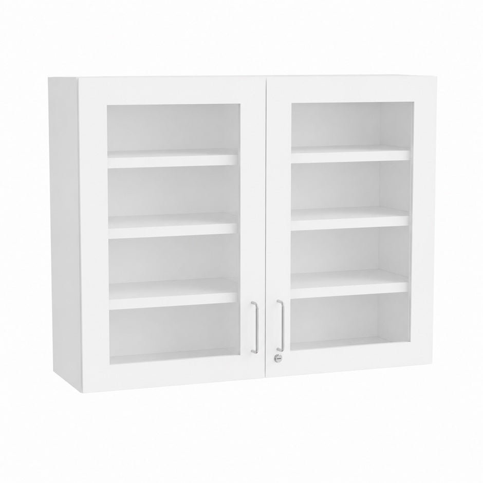 Väggskåp Mora, B800 x D300 x H800 mm, glasade dörrar, 3 flyttbara hyllplan, laminat vit