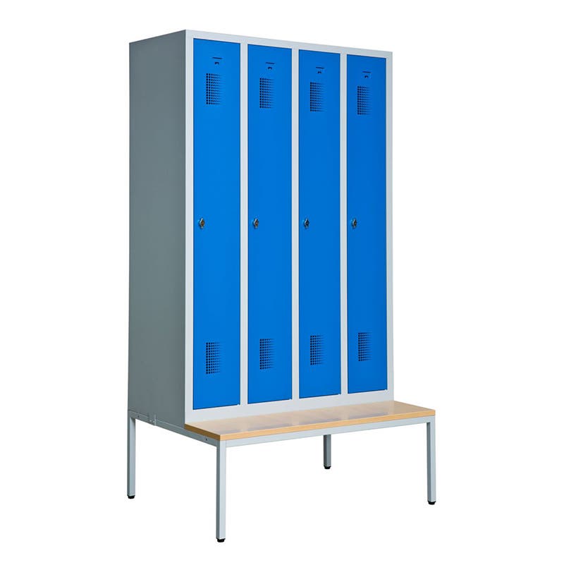 Klädskåp med sittbänk, 4x300 mm, 1200x550x2205 mm, klinka för hänglås, lackerat