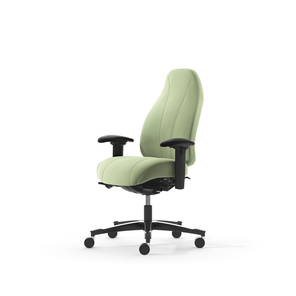 Kontorsstol Malmstolen 7000 med hög rygg, Dux-sits, armstöd Corona, hjul för hårda golv, Tyg Capture 6501 Grön