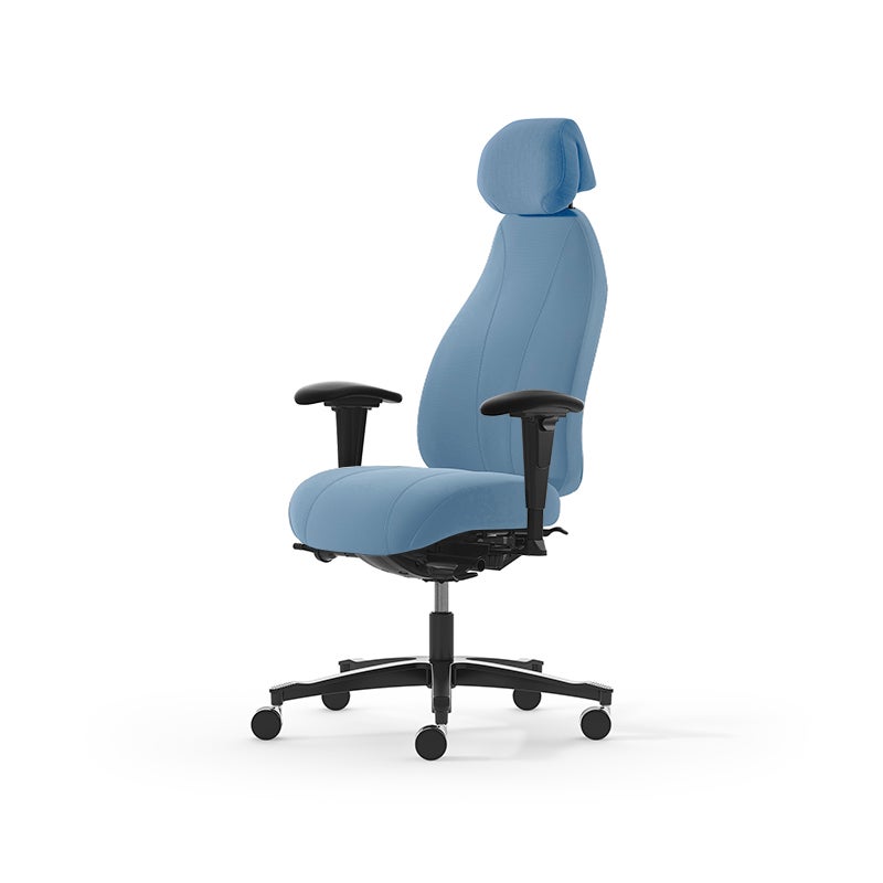 Kontorsstol Malmstolen 7000 med hög rygg, Dux-sits, nackstöd i tyg, armstöd Corona, hjul hårda golv, Tyg Capture 4901 Blå