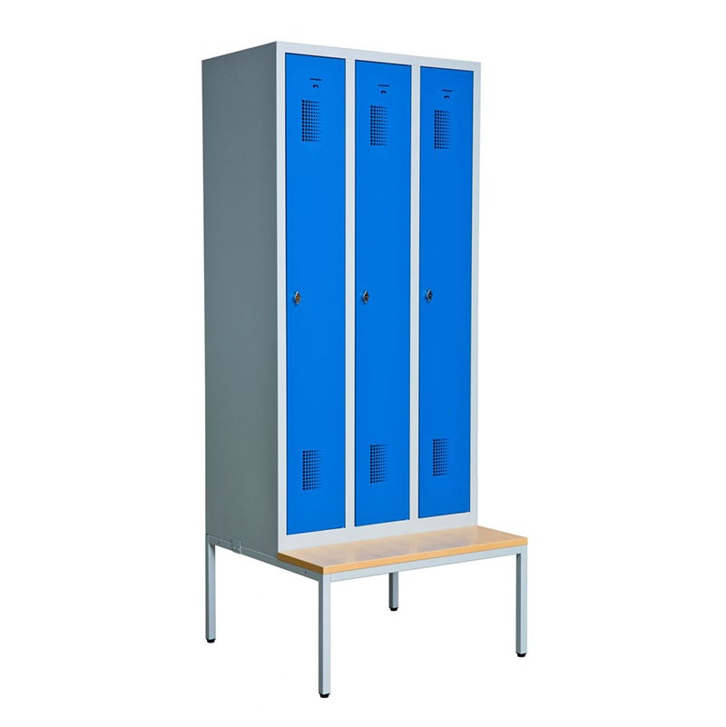 Klädskåp med sittbänk, 3x300 mm, 900x550x2205 mm, cylinderlås, lackerat