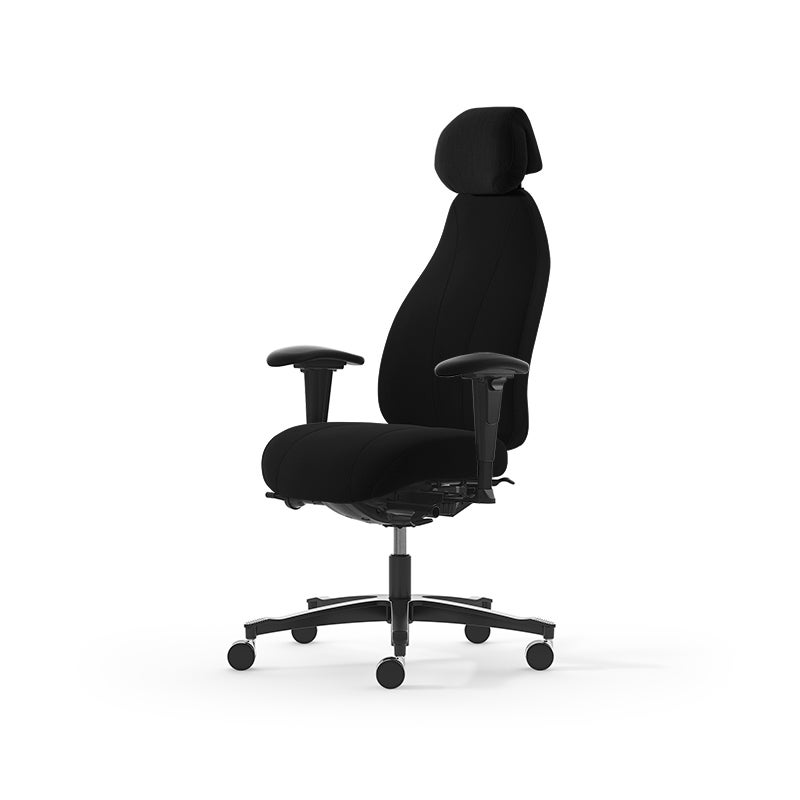 Kontorsstol Malmstolen 7000 med hög rygg, Dux-sits, nackstöd i tyg, armstöd Corona, hjul hårda golv, Tyg Capture 5701 Svart