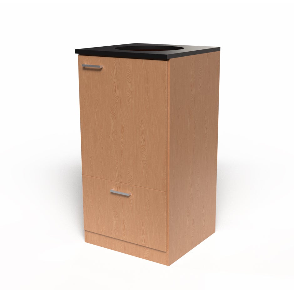 Miljödisk 3 fraktioner, 90 liters kärl med toppmatning, frontlucka, 2 st 25 liters kärl i låda med täckt lådfront, Ek