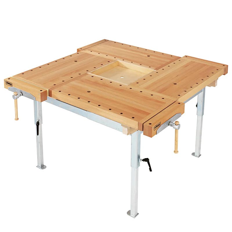 Hyvelbänk Kvadraten, 4 arbetsplatser, 1300x1300 mm, ställbar höjd 700-900 mm