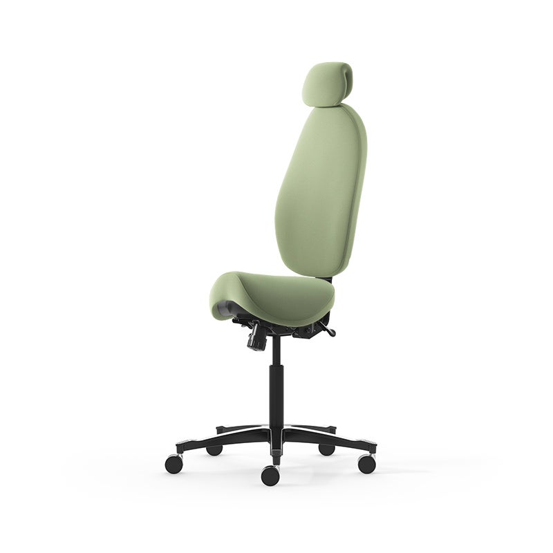 Sadelstol Malmstolen Active H5 med hög rygg, nackstöd i tyg, hjul för hårda golv, Tyg Capture 6501 Grön