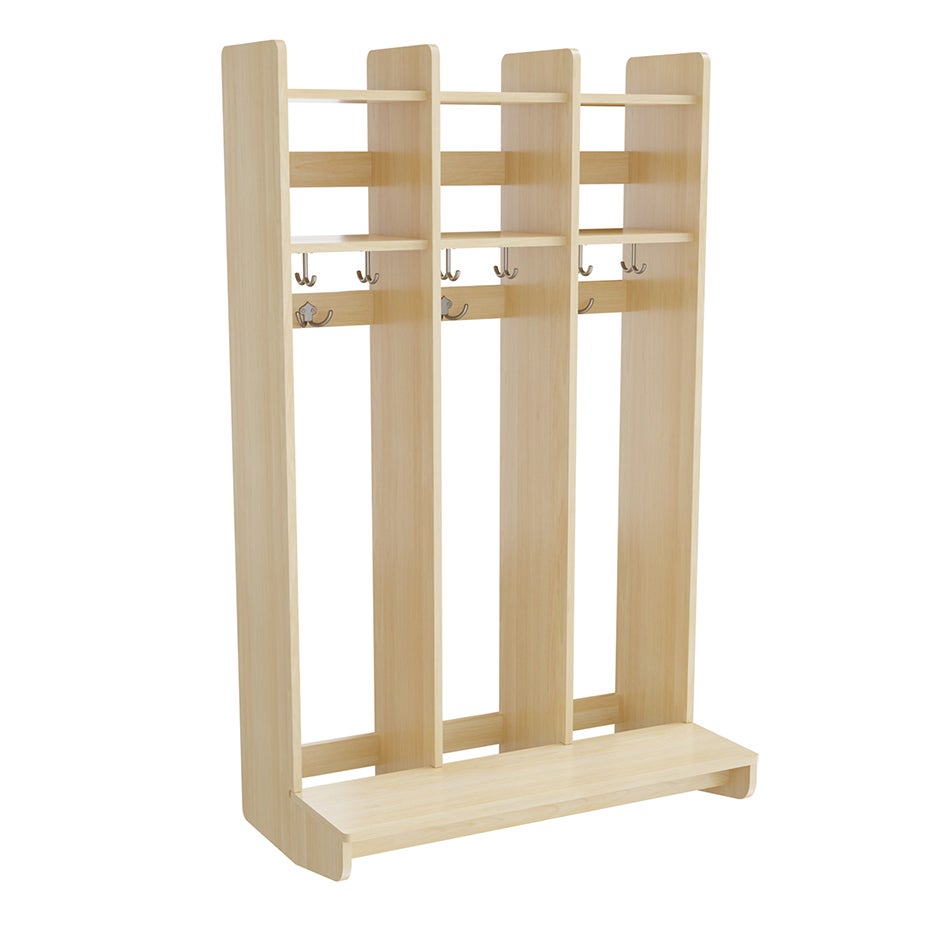 Kapprumsinredning Eira, vägghängd, 3 fack, fackbredd 280 mm, B840 x D460 x H1350 mm, sittbänk, björk