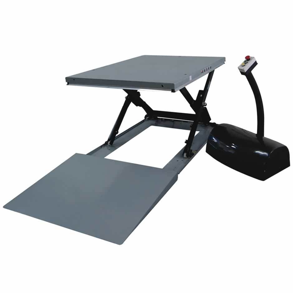 Låglyftbord med ramp, elektriskt, lyfthöjd 85-860 mm, 1420 x1140 mm, lyftkapacitet 1000 kg