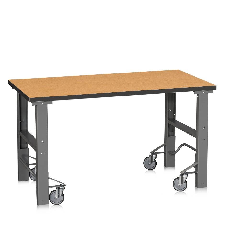 Arbetsbänk PROFFS med hjul, 2000 x 800 mm, ställbar höjd 745-1015 mm, Plåtbeklädd grå