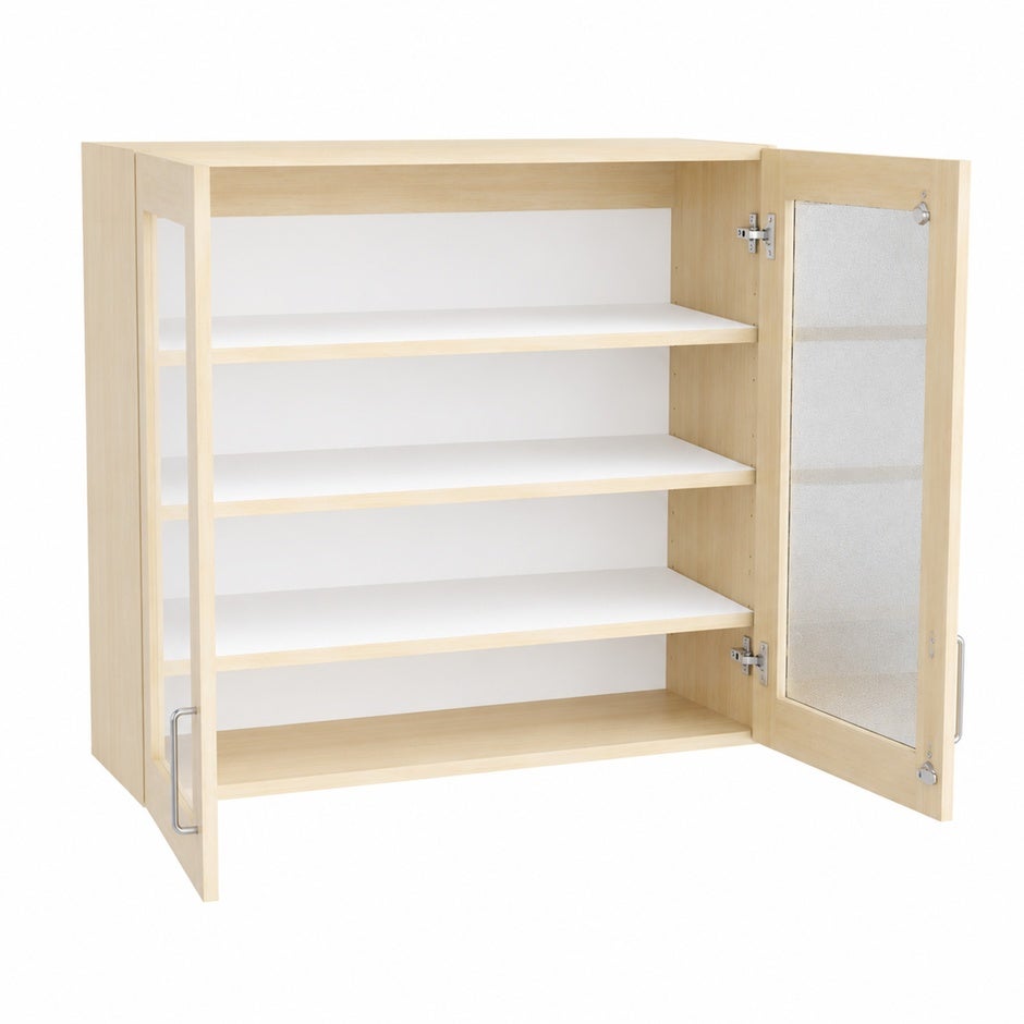 Väggskåp Mora, B800 x D300 x H800 mm, glasade dörrar, 3 flyttbara hyllplan, laminat björk