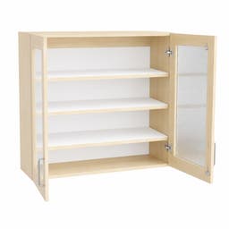 Väggskåp Mora, B800 x D300 x H800 mm, glasade dörrar, 3 flyttbara hyllplan, laminat björk