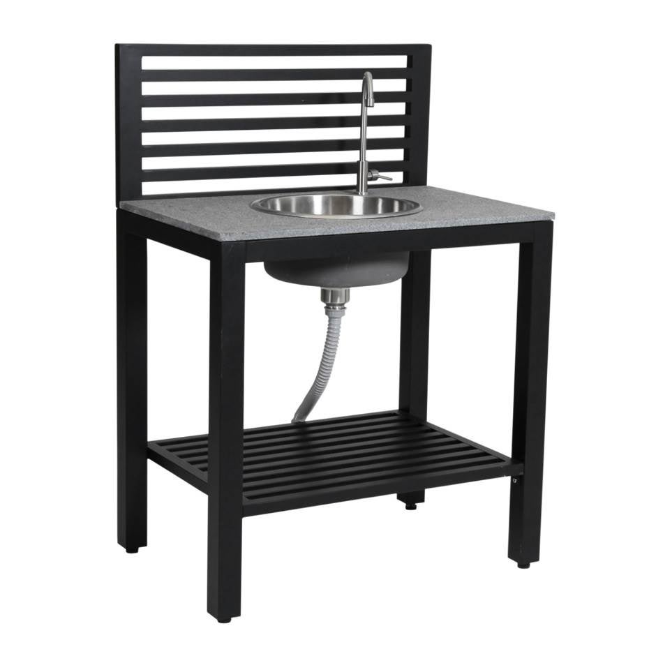 Utekök Bellac, rak arbetsbänk med vask, L900 x D600 x H1270 mm, svart aluminium