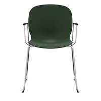 Staplingsbar stol Noor med armstöd, benstativ ljusgrå medar, helt sittskal av grön PP, filttassar och kopplingsbeslag