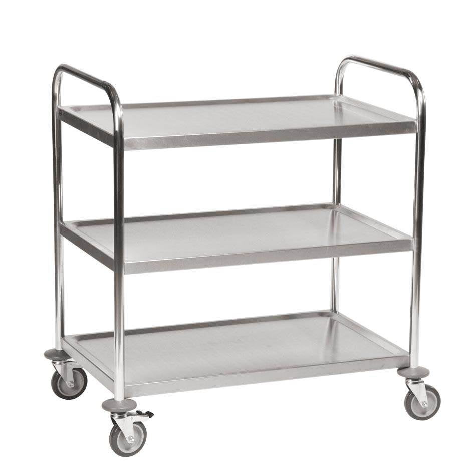 Vagn Mark, rostfri, 3 plan, 910x590x965 mm, kap. 100 kg, broms, rostfria hjul