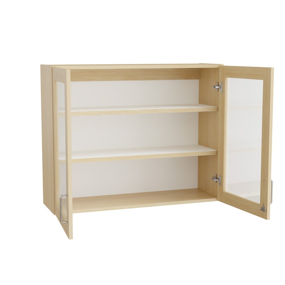 Väggskåp Mora, B800 x D300 x H800 mm, glasade dörrar, 2 flyttbara hyllplan, laminat björk