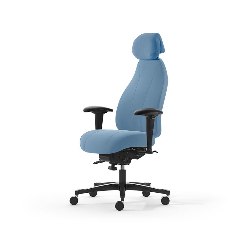 Kontorsstol Malmstolen 4000 med hög rygg, Dux-sits, nackstöd i tyg, armstöd Corona, hjul hårda golv, Tyg Capture 4901 Blå