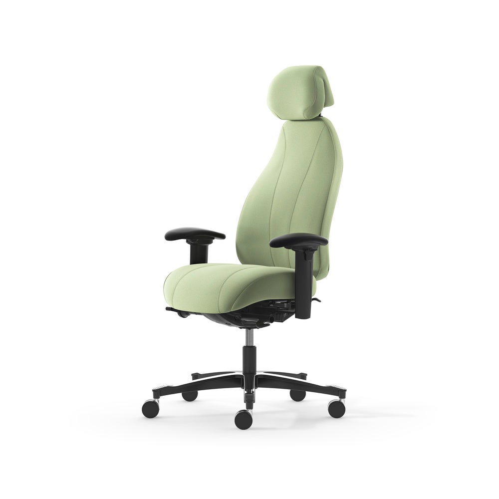 Kontorsstol Malmstolen 7000 med hög rygg, Dux-sits, nackstöd i tyg, armstöd Corona, hjul hårda golv, Tyg Capture 6501 Grön